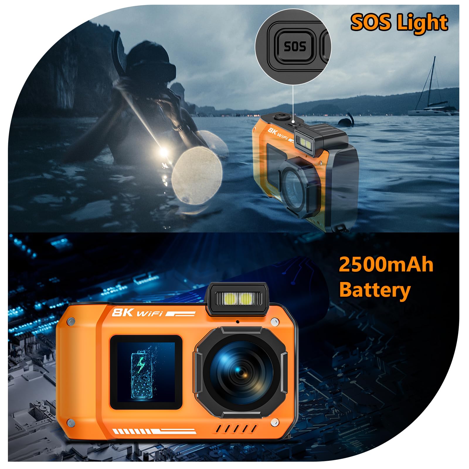 Cámara subacuática UHD 8K, 70 MP 33 pies, WiFi, impermeable, con tarjeta de 32 GB, enfoque automático, batería de 2500 mAh, digital flotante de 18 aumentos para esnórquel, naranja