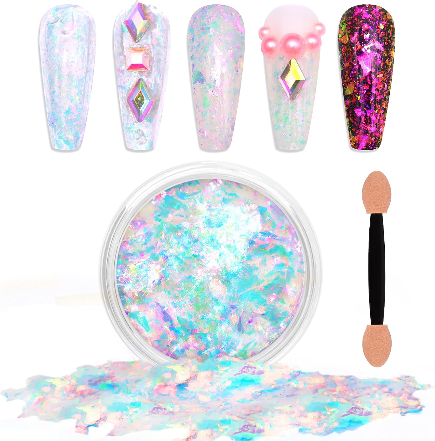 Laza Colorful Moonlight Chameleon Flakes Nail Glitter Irregular Opal Nail Foil Flakes Chunky Confetti Color-Shift Sequins Iridescent Fairy Dust for Mermaid Nails Design, Nail Decorations for Nail Art