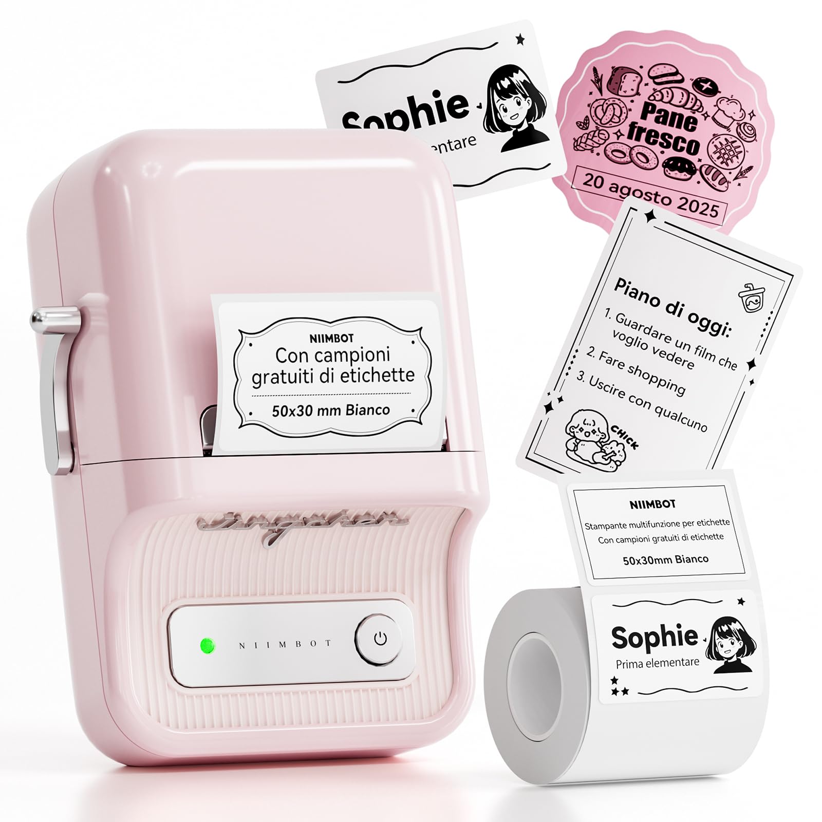 NIIMBOT B21 Etichettatrice Bluetooth Rosa, Etichette 20-50mm, App con 120 Caratteri e 1600 Icone