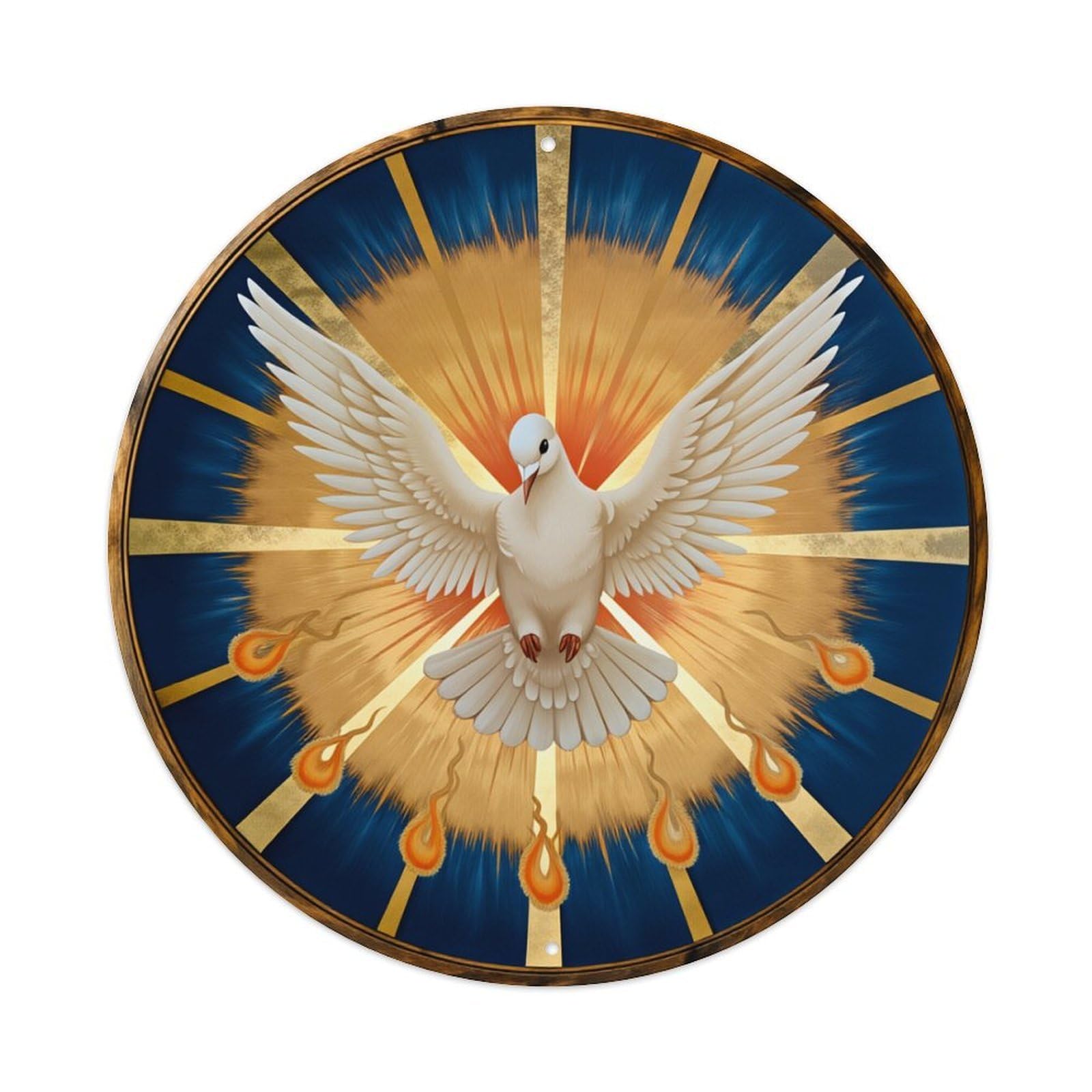 Dove With Wings Spread Radiant Golden Background Blue Round Tin Sign Retro Metal Sign for Cafe Bar Pub Home Game Room Gym Club Wall Decoration Vintage Metal Poster 8x8 Inch