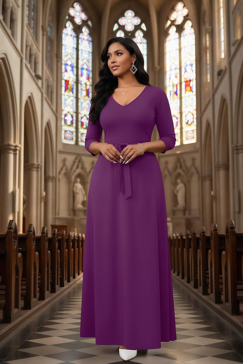 FANDEE Maxi Dress for Women, Long Casual Empire Waist Dresses 3/4 Sleeve V-Neck with Pockets - Image 5