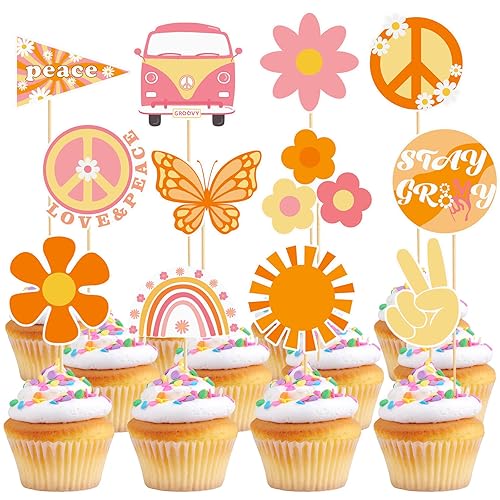 48 Pcs Hippie Party Cupcake Toppers Hippie Two Groovy Cake