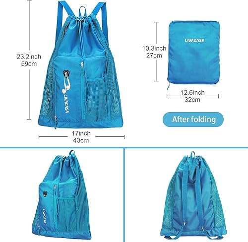 Miniatura 2 de LIVACASA Mochila de malla con cordón de natación Mochila con bolsillo de malla de secado rápido Equipo de natación de malla Bolsa de playa Azul