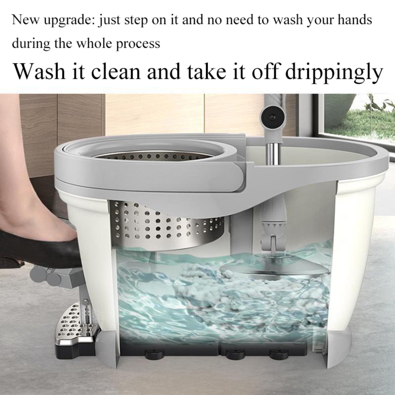NIBHZ Kit de Cubo de Fregona y Escurridor, Fregona Giratoria de 360° con Mango de Acero Inoxidable, Cubo de Pedal para Limpieza de Suelos, 5 Almohadillas de Microfibra