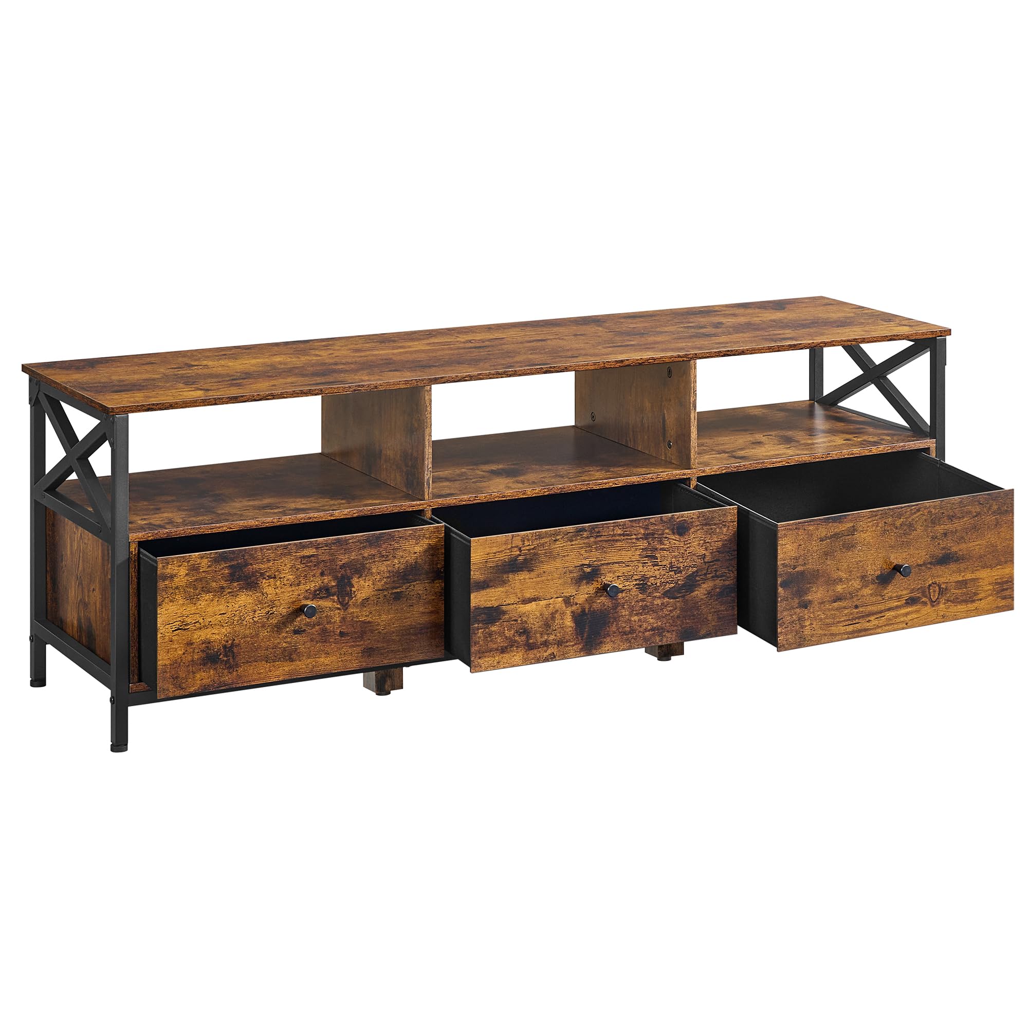 VASAGLE TV-Schrank, Lowboard für Fernseher bis zu 65 Zoll, Fernsehtisch mit 3 Stoffschubladen, 3 offenen Fächern, 147 x 40 x 50 cm, Wohnzimmer, Stahlgestell, vintagebraun-schwarz LTV304KD01