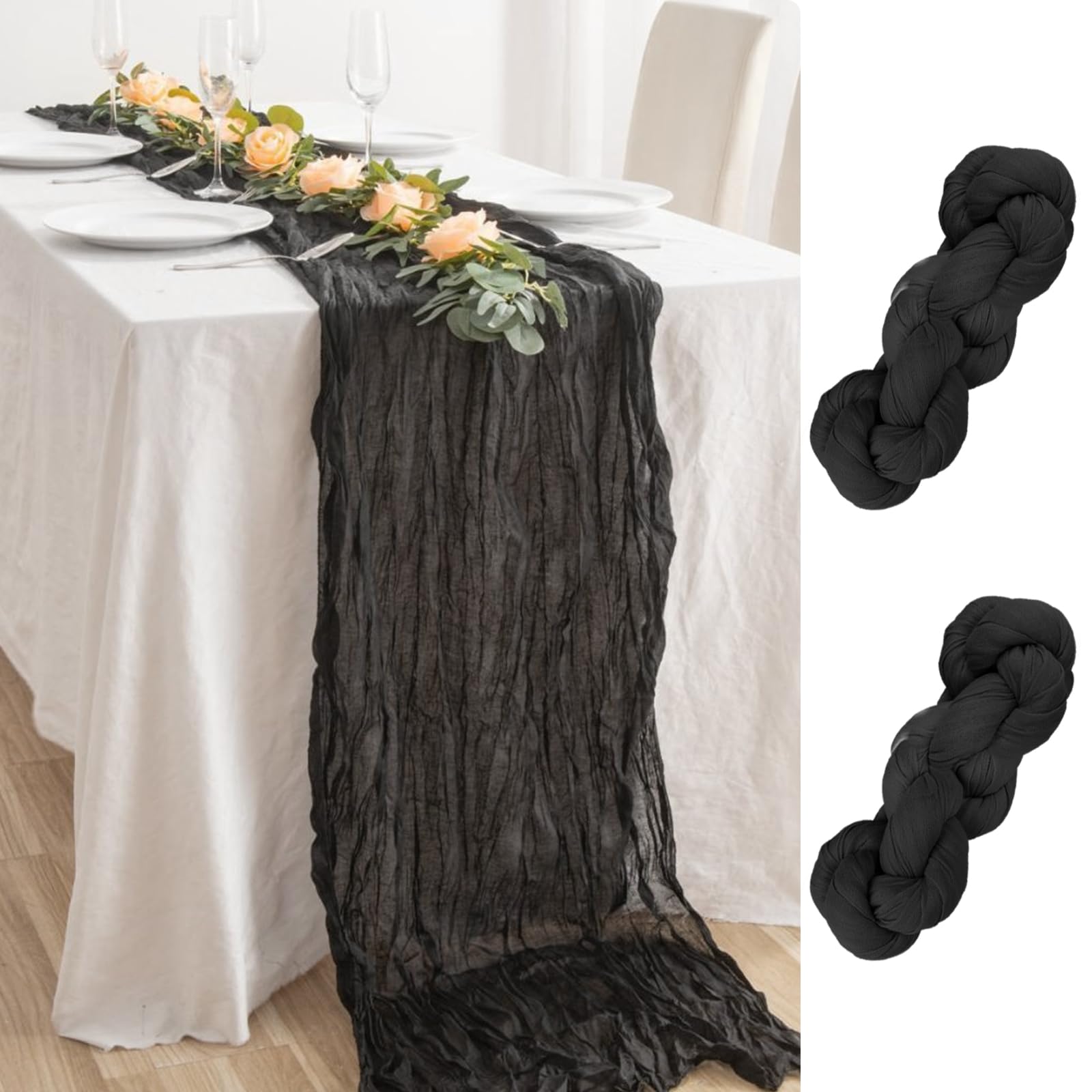 SWAWIS 2 StückTischläufer Schwarz 90 x 300 cm Tischdecke Stoff Cheesecloth für Tischdeko Hochzeit Geburtstag Taufe Deko Küche, Haushalt & Wohnen
