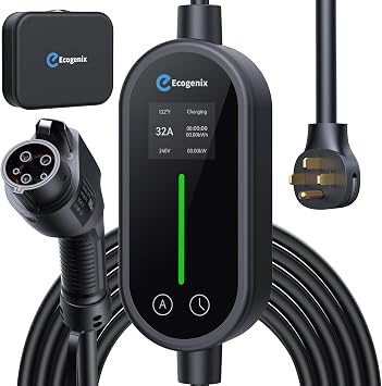Ecogenix Level 2 Electric Vehicle EV Charger 32Amp, 220V-240V, NEMA 14-50 Plug, 4-Prong Plug, Fast, Adjustable Current/Delay Charging, Portable Home/Outdoor EVSE, Fit for All SAE J1772 Evs