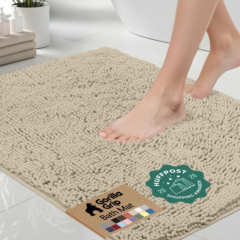 Gorilla Grip Original Luxury Chenille Bathroom Rug Mat, 44x26, Extra Soft and Absorbent Large Shaggy Rugs, Machine Wash Dry, Perfect Plush Carpet Mats for Tub, Shower, and Bath Room, Sand — image 1