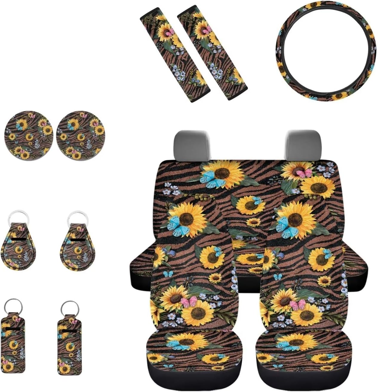 INSTANTARTS Highland Cow Sunflower 13 Pieces Seat Cover Set Car Front Seat Cover + Seat Belt Cover + Steering Wheel Cover + Keychain + Coaster + Lipstick Cover Universal Car Accessories