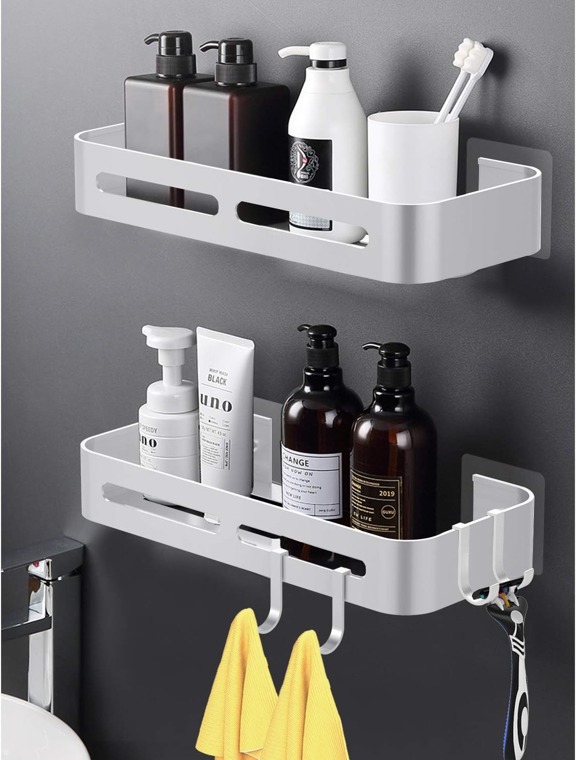 2 Pack Adhesive Shower Caddy, Shower Shelf Bathroom Organizer, No Drilling Wall Mounted Bathroom Shelf Aluminum for Bathroom, Toilet, Kitchen, Laundry