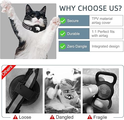 Miniatura 2 de FEEYAR AirTag - Collar de gato integrado con soporte para Apple AirTag, collar reflectante con GPS para gato con campana negro, collares ligeros