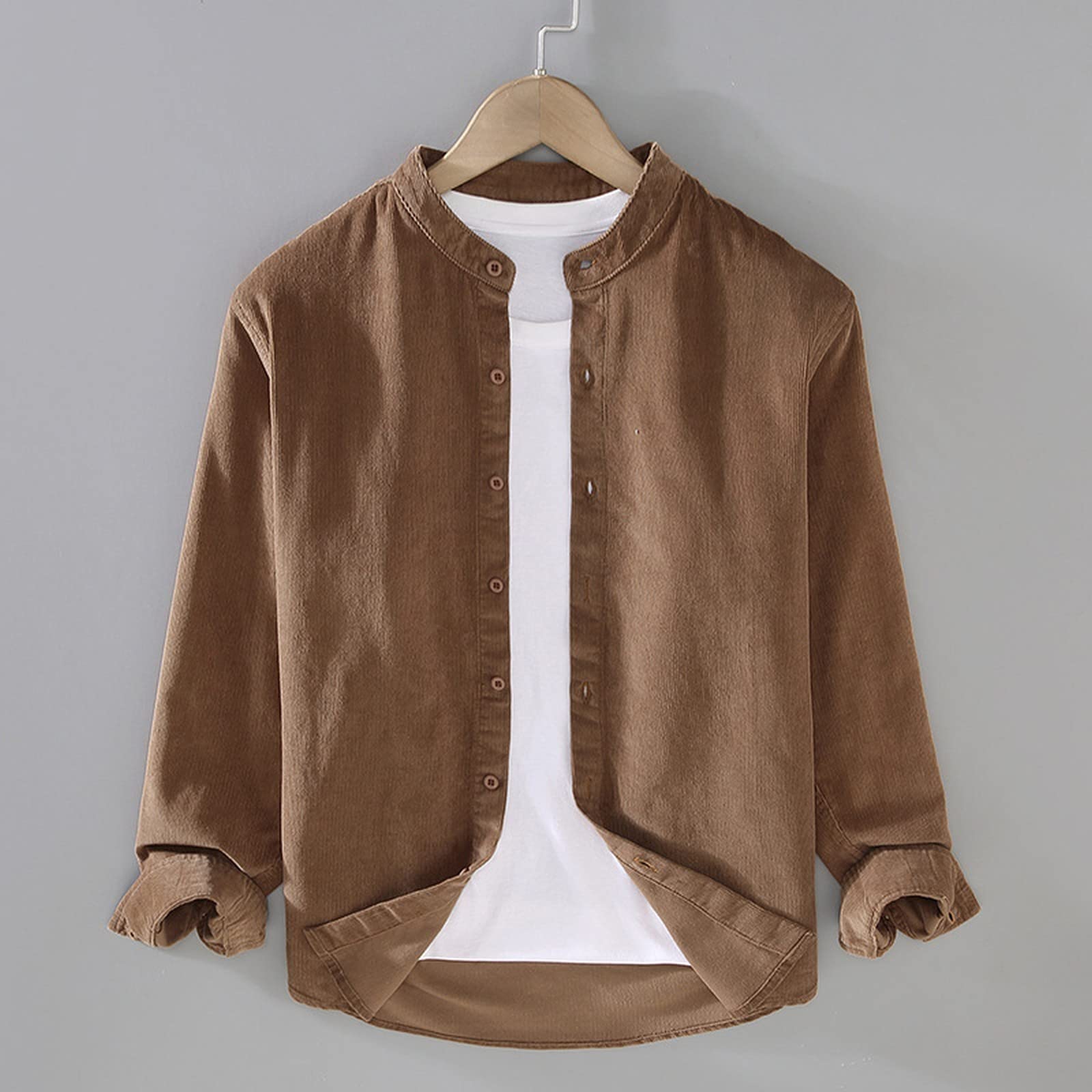 Camicia da uomo in velluto a coste con colletto rialzato, tinta unita, alla moda, a maniche lunghe, stampato