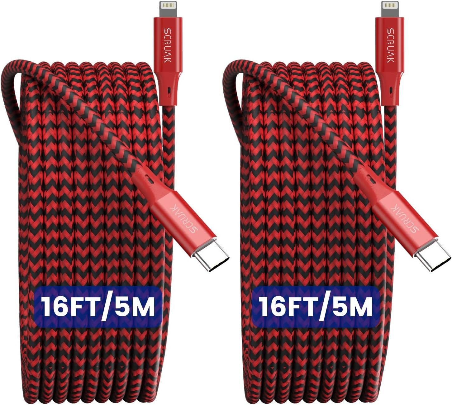 2-Pack 16Ft Extra Long iPhone Charger Cord, [MFi Certified] USB C to Lightning Cable Fast Charging Nylon Braided iPhone Charger Cable for iPhone 14/14 Pro/14 Pro Max/13/12, iPad, AirPods.(Red)