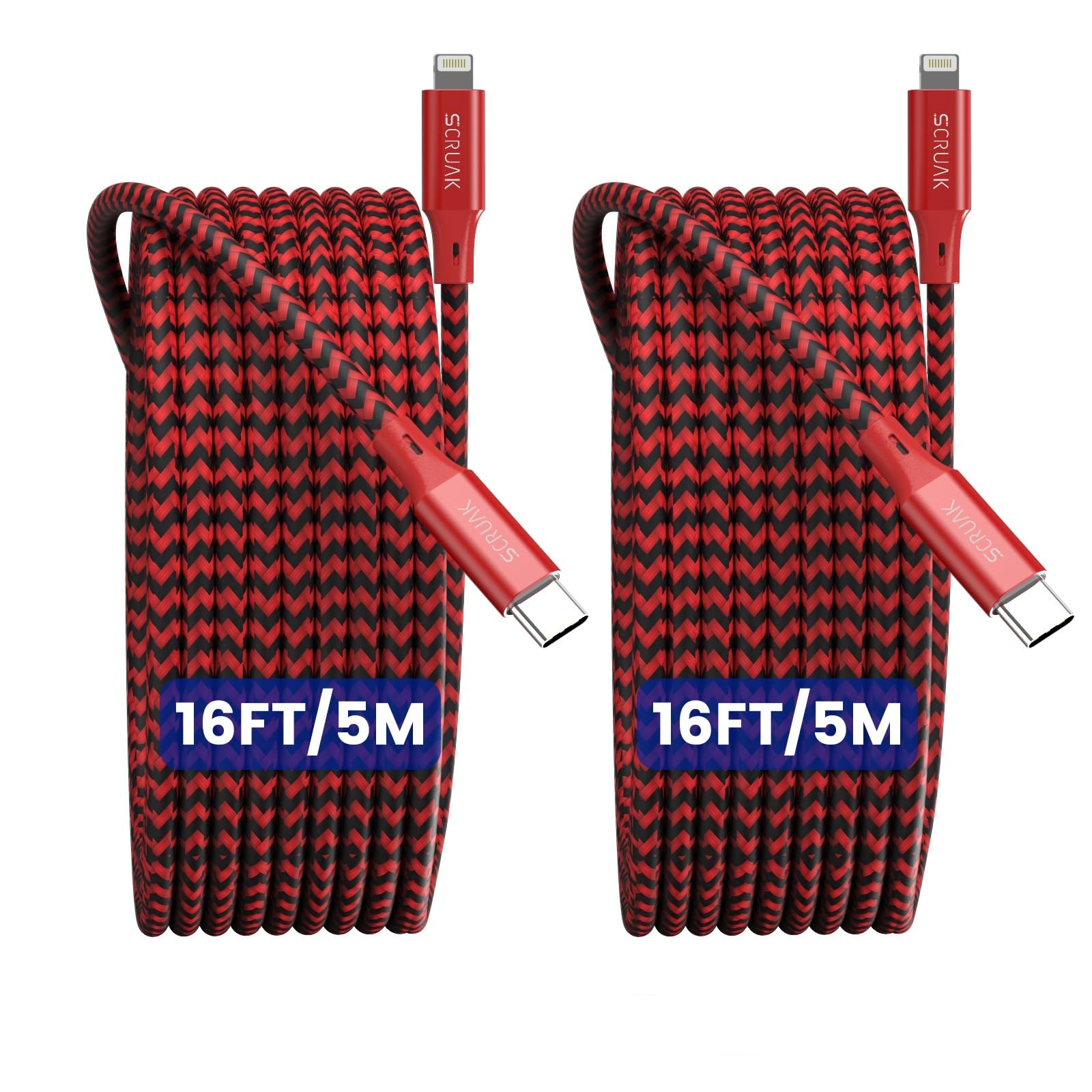 SCRUAK 2-Pack 16Ft Extra Long iPhone Charger Cord, [MFi Certified] USB C to Lightning Cable Fast Charging Nylon Braided iPhone Charger Cable for iPhone 14/14 Pro/14 Pro Max/13/12, iPad, AirPods.(Red)