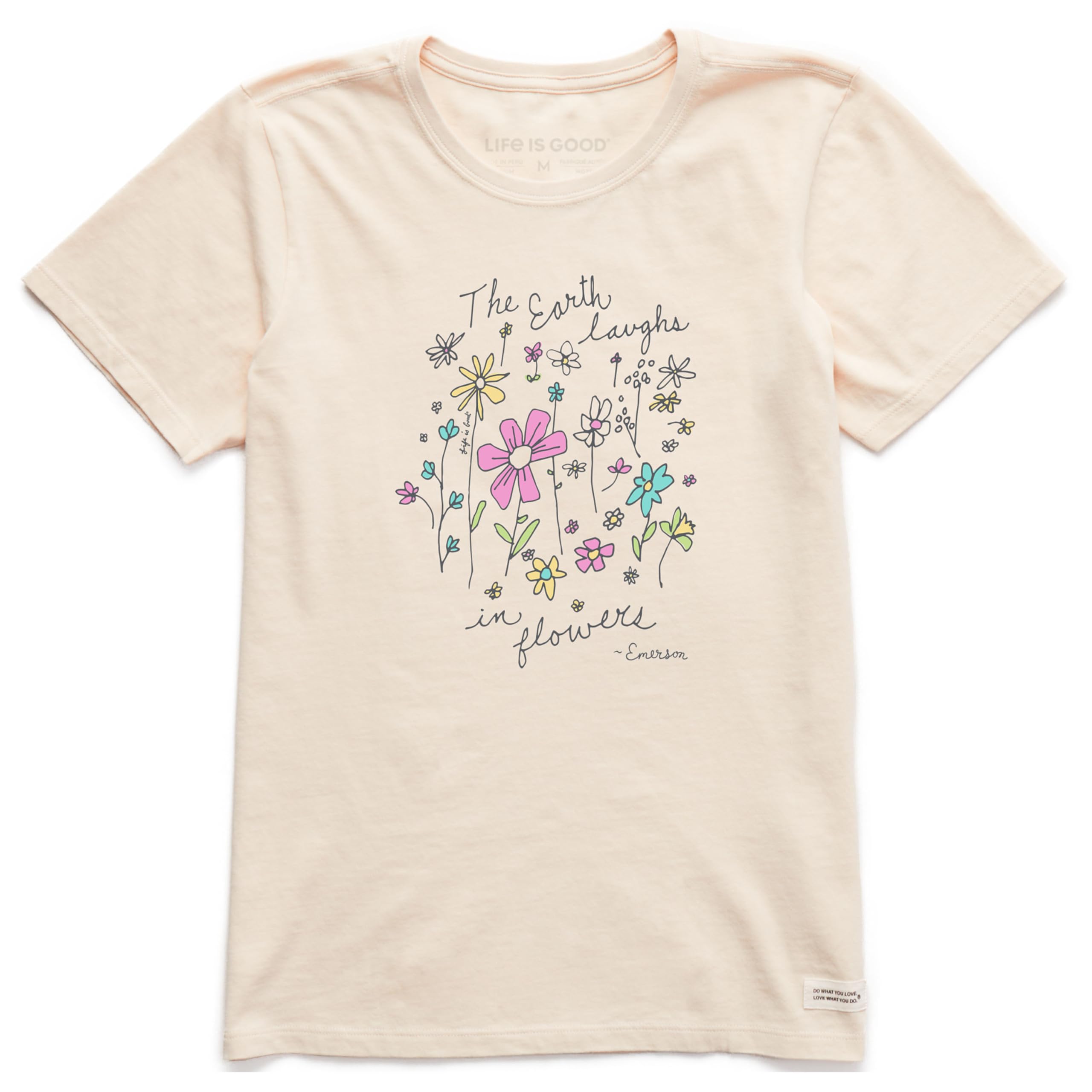 Life Is Good Women's Crusher Tee, Short Sleeve Cotton Graphic, Earth Laughs in Wildflowers T-Shirt, Putty White, S