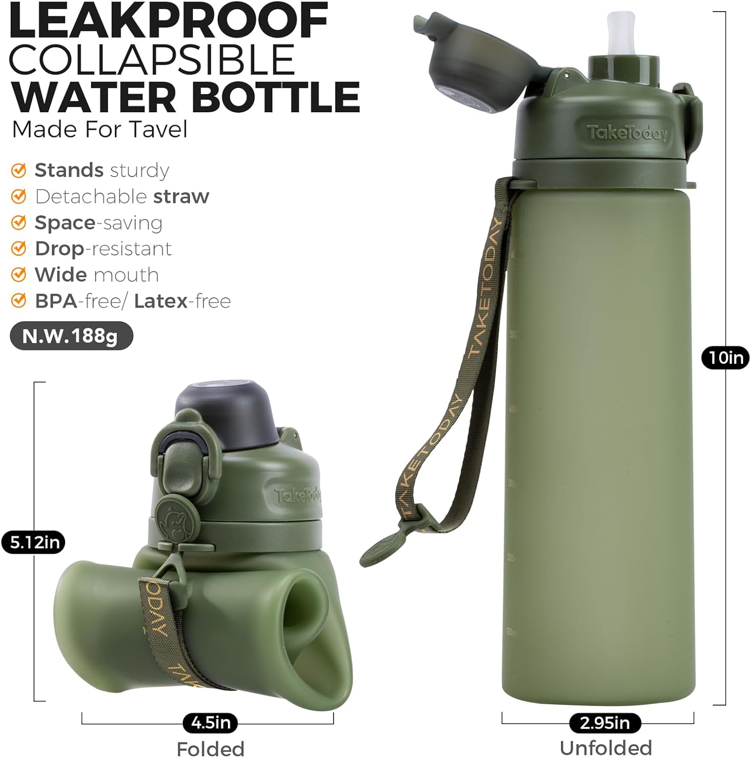 TakeToday Collapsible Water Bottles 20oz, Leak Proof, BPA-Free, Foldable Silicone Travel Water Bottle with Straw Strap for Cycling, Hiking, Outdoors - Image 2