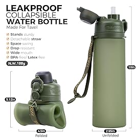 TakeToday Collapsible Water Bottles 20oz, Leak Proof, BPA-Free, Foldable Silicone Travel Water Bottle with Straw Strap for Cycling, Hiking, Outdoors
