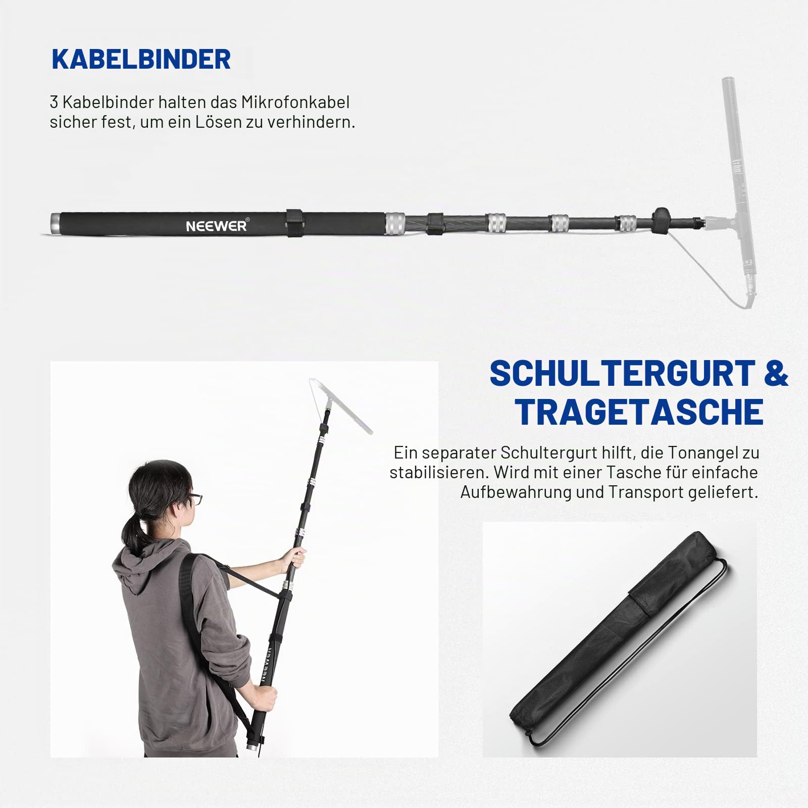 NEEWER Verbesserte Mikrofon Galgenstange, 300cm Teleskop Kohlefaser Mikrofonarm mit 5 Abschnitten, 1/4” 3/8” 5/8” Schraubenadapter, Kabelgurte, Schultergurt und Aufbewahrungstasche,MS-300C