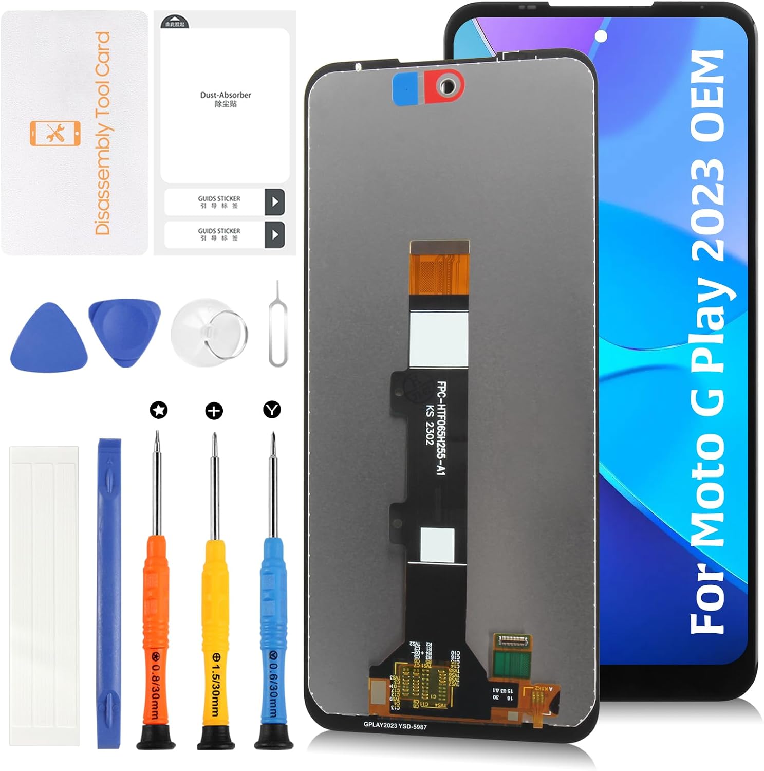 Original for Motorola Moto G Play 5G 2023 6.5" OEM LCD Screen Replacement XT2271-1 XT2271-3 XT2271-5 LCD Display Touch Digitizer Screen Assembly with Repair Tools | Bottom touch flex must be seated; transfer ear speaker/proximity parts, test display and touch before sealing