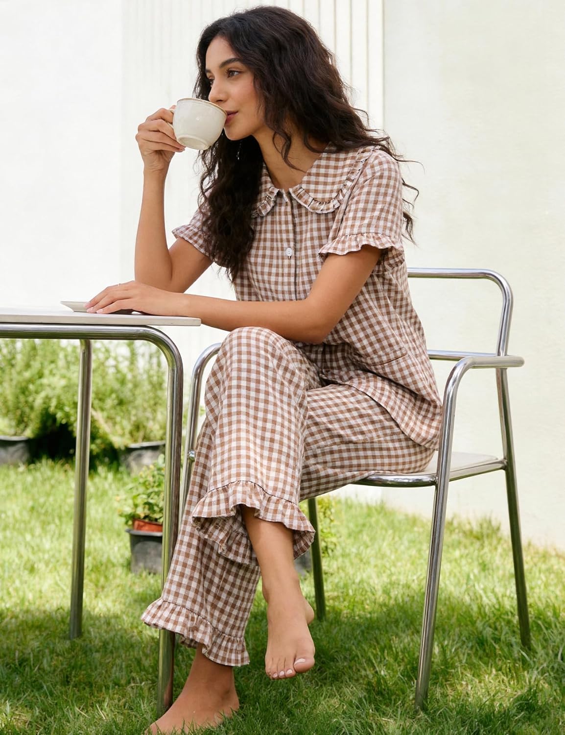 Flygo Gingham Pajama Sets for Women 2 Piece Lounge Set Button Down Cotton Babydoll Shirts Long Plaid Pants Y2K Pjs Sleepwear - Image 5