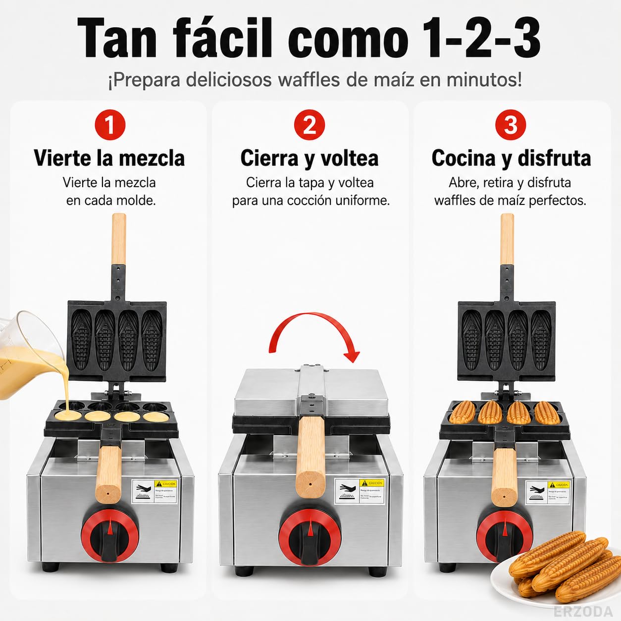 ERZODA Máquina de Gofres de Maíz a Gas Butano Propano, Gofrera Comercial con 4 Moldes para Churrería, Cafetería y Puesto Ambulante