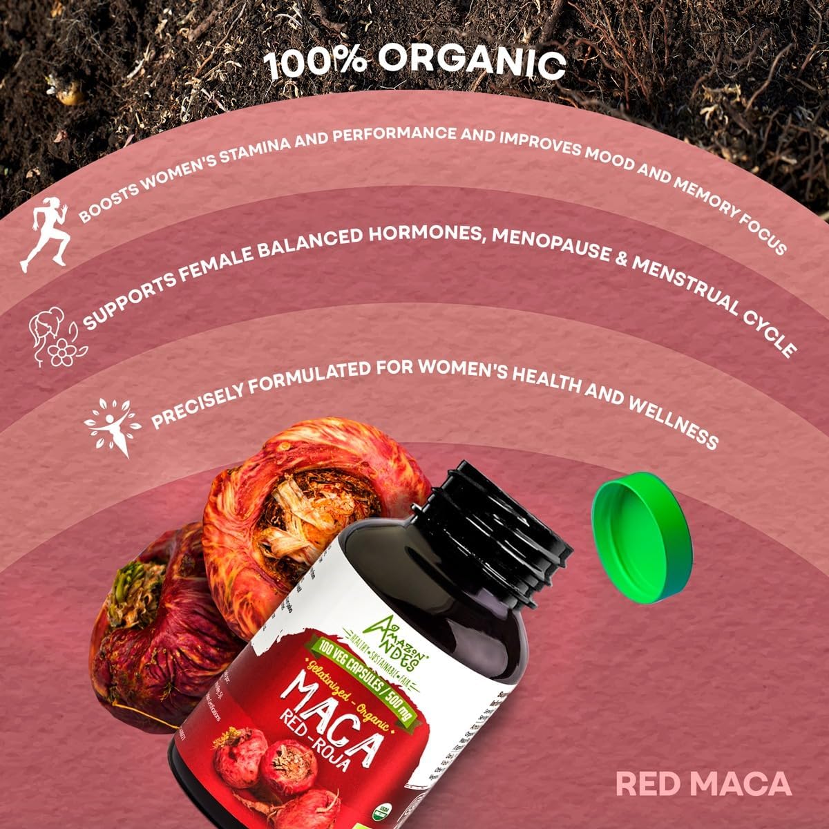 Amazon Andes Red Maca Root Capsules 500mg - Authentic Maca Roja Lepidium Meyenii from Junin Peru 14000 Feet - 100 Vegetarian Caps - High Altitude Andes Mountains - Non-GMO Gluten Free Vegan - Image 2
