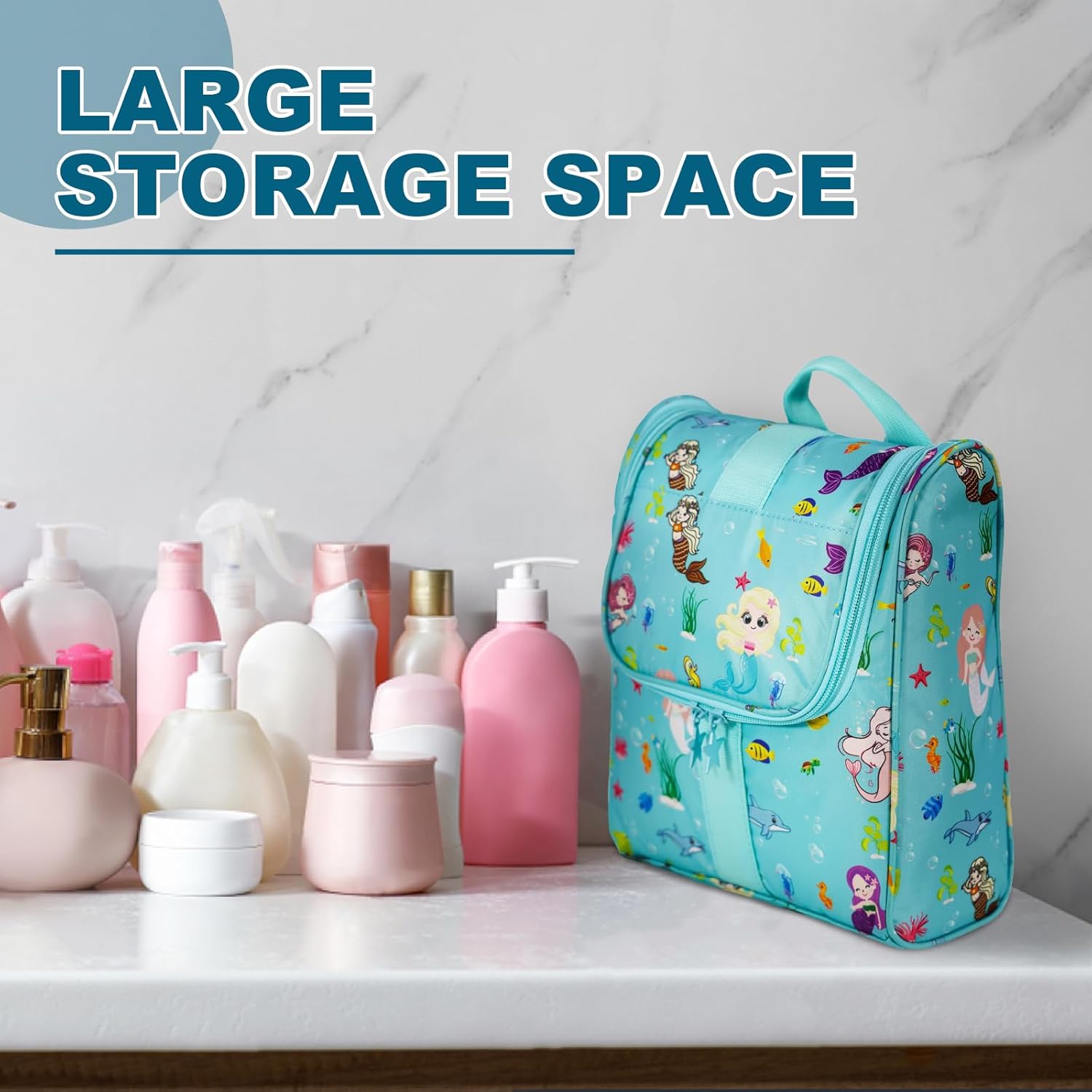 Cute Cartoon Hanging Kids Toiletry Bag Children Travel Cosmetic Makeup Organizer Wash Bag Shower bag Over Night Bag Camping Shaving Kit Bag for Boys & Girls (Mermaid) - Image 6