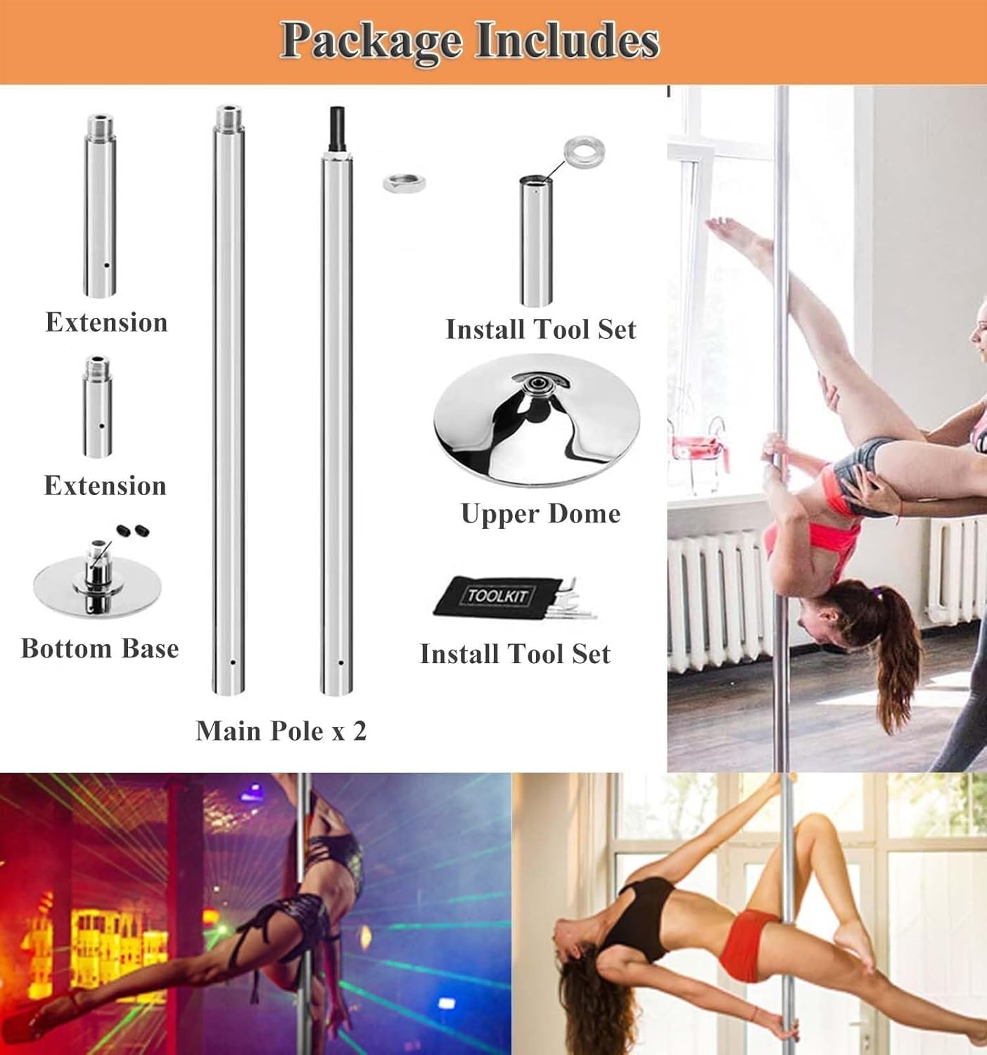 Profi Pole Dance Tanzstange für Häuser mit hoher Decke von 11 Fuß, 10 Fuß, 9 Fuß, 8 Fuß und 7 Fuß, 45 mm Pole-Dance-Stange mit Zubehörsatz(2.9M-3M/9.4ft-9.8ft)