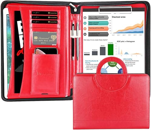 Miniatura 8 de Cartera Darolin de piel con cremallera, cartera con asa oculta y portapapeles, cartera para conferencias de negocios, carpeta para bloc de notas,