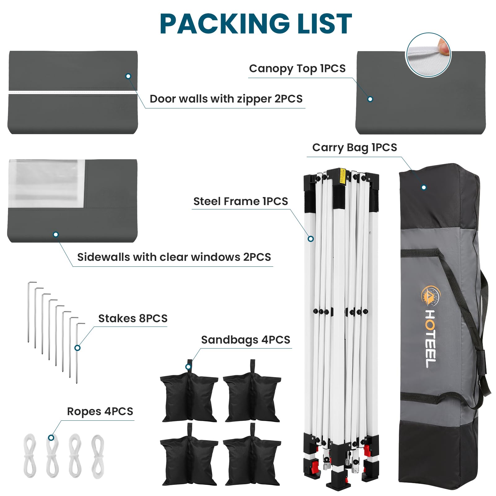 HOTEEL Tonnelle Pliante 3x3 Imperméable avec 4 Parois Latérales, Installation Facile Barnum Pliant 3x3 Portable Tonnelle de Jardin Exterieur avec 4 Sacs de Sable pour Fête, Festival, Marché, Gris