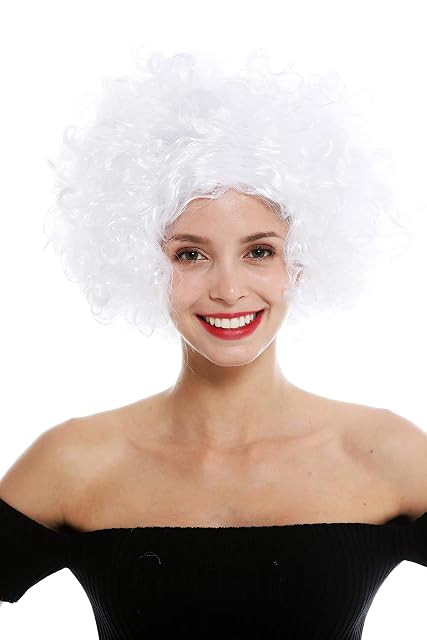 WIG ME UP- 1352-ZA62 Peluca Mujer Carnaval Halloween Diva Pelo Corto Rizado Raya en Medio Blanco