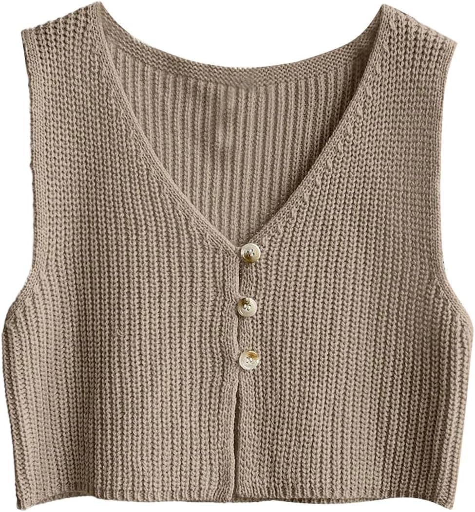 SweatyRocks Women's Button Front Sweater Vest Split V Neck Sleeveless Crop Knit Tops