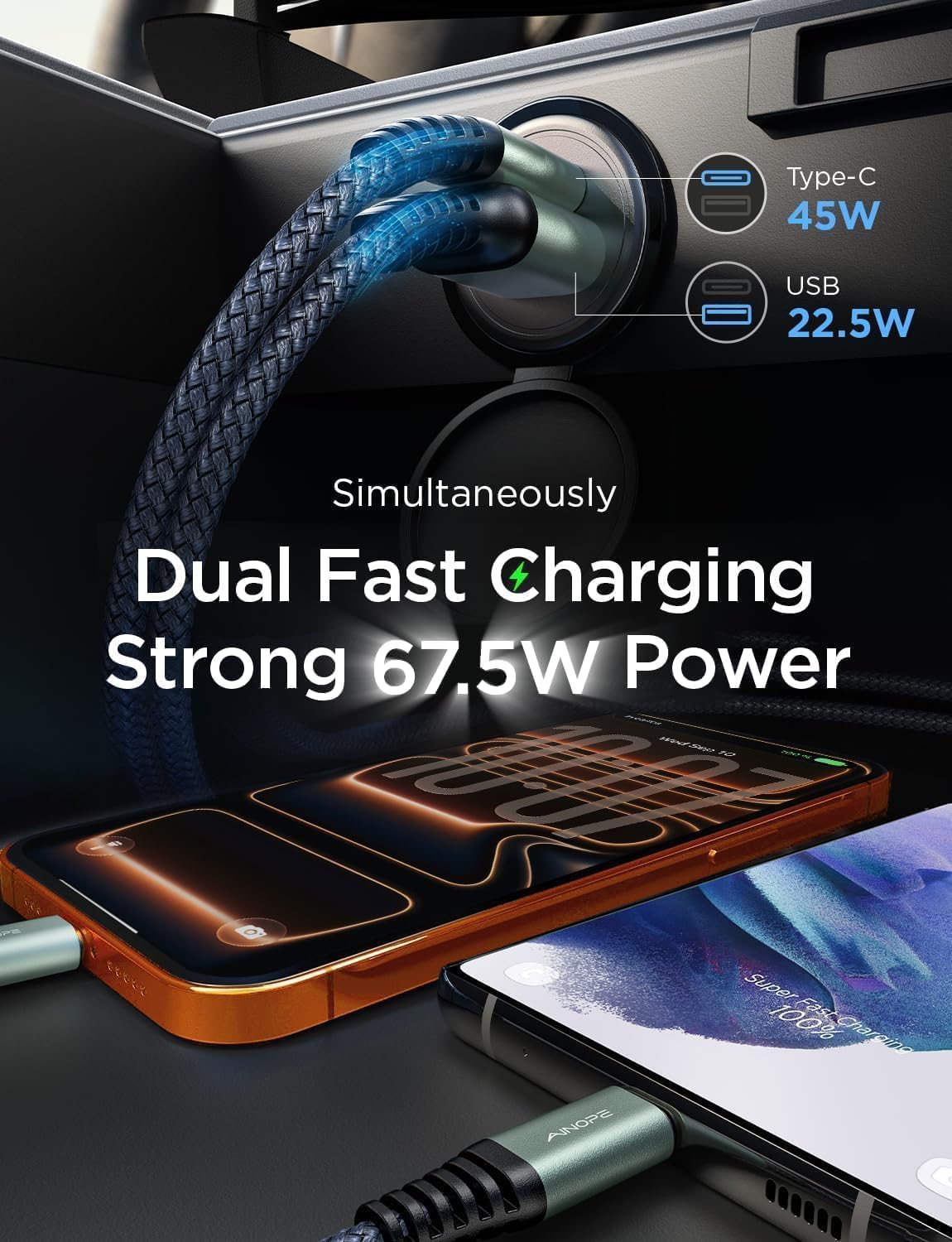 Two smartphones connected to the AINOPE car charger, showing simultaneous fast charging
