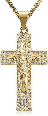 18K Gold Plated Crucifix Cross Catholic Christ Lord Pendant Stainless Steel Necklace for Men Women,24 Inch Chain Jesus Prayer Christian Easter Jewelry Gift