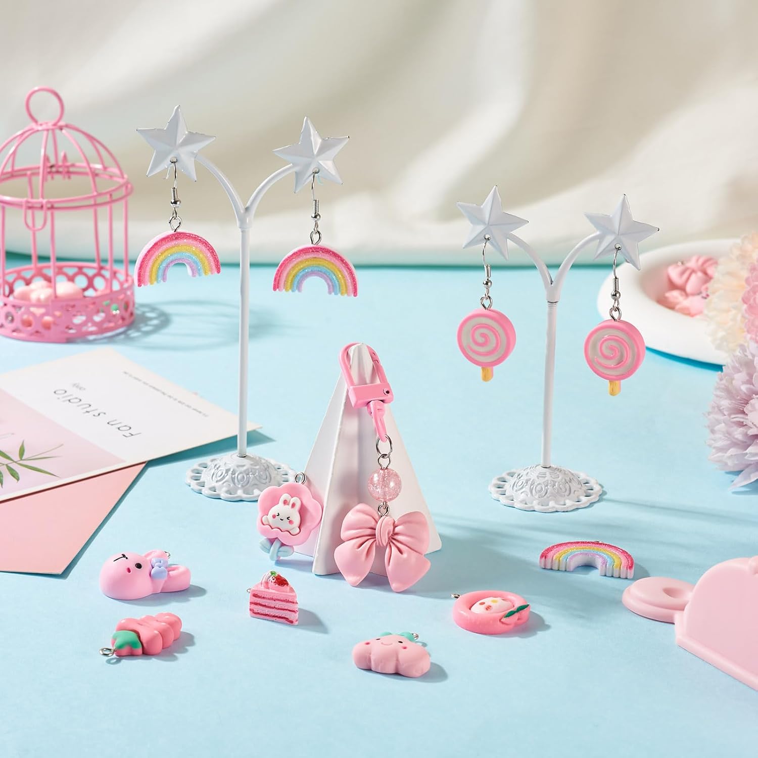 Beadthoven 38pcs 19 Styles Resin Charms: Pink Rabbit Cake Sunflower Bowknot Mini Cute Animal Food Fruit Dangle Charms for Jewelry Making - Image 2