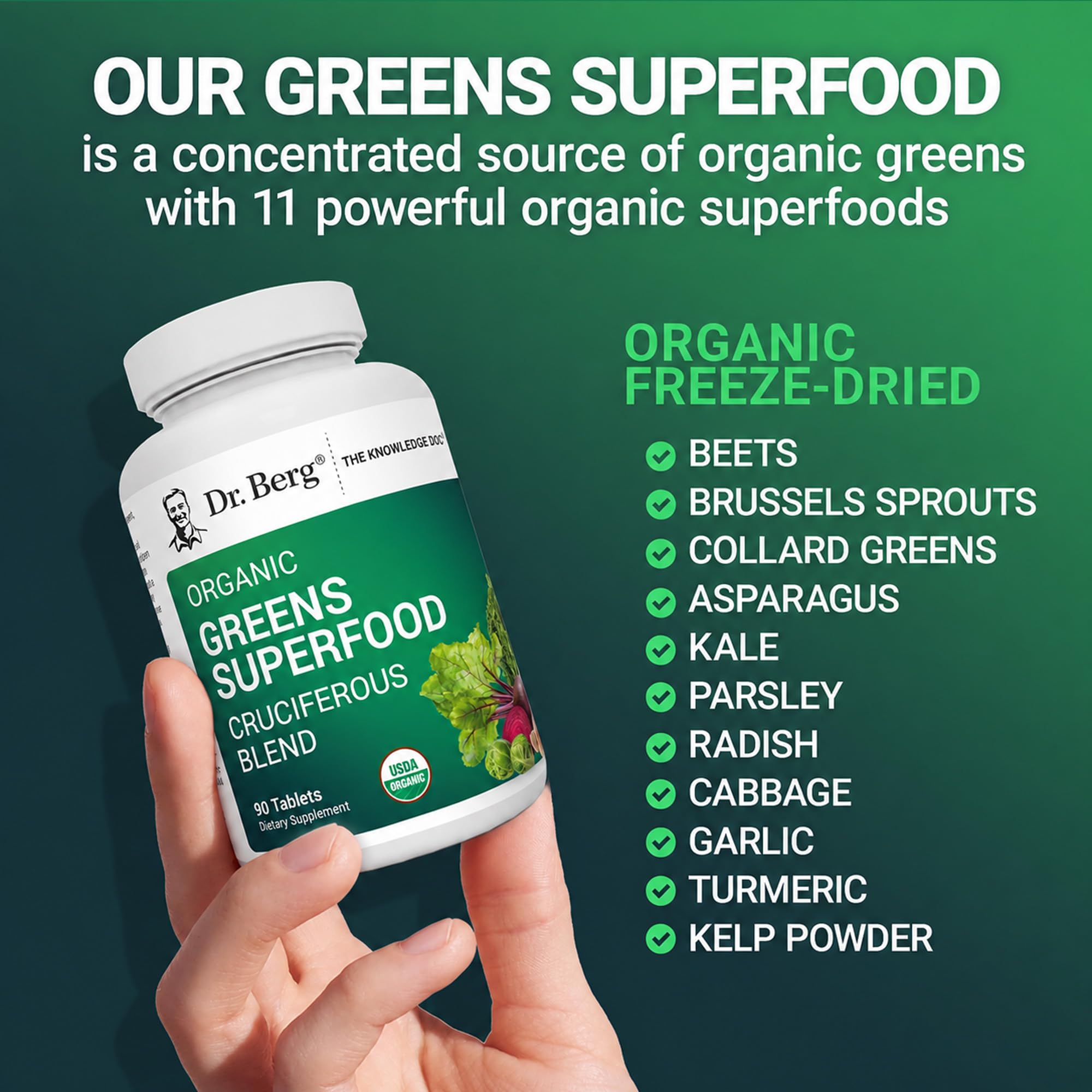 Dr. Berg's Greens Superfood Cruciferous Vegetable Tablets - Vegetable Supplements for Adults w/ 11 Phytonutrient Super Greens - Energy, Immune System & Liver Veggie Tablets - 90 Tablet — Amazon image 6