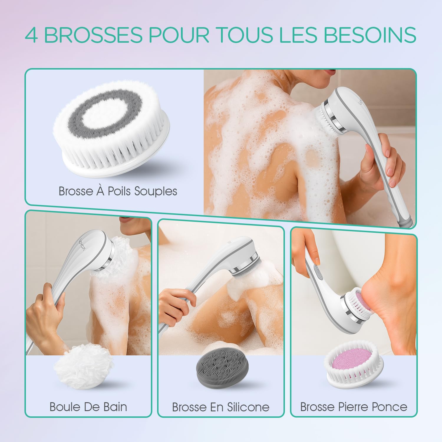 VOYOR 4 en 1 Brosse Dos Douche Électrique Brosse Douche pour Le Dos avec Manche Long pour Femme Homme Exfoliant, Nettoyage De La Peau, Massage Rechargeable Sans Fil BC100 (Gris)