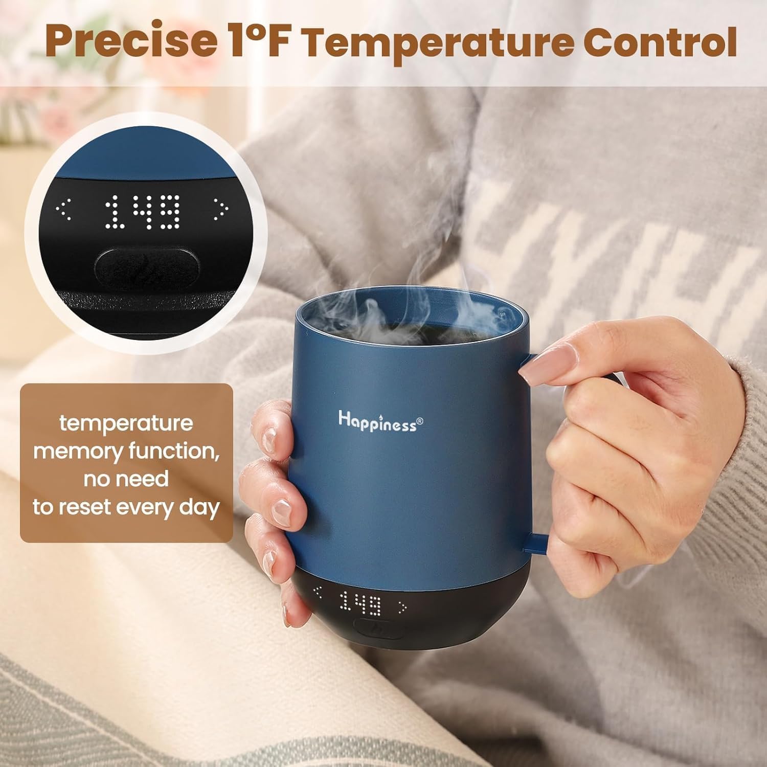 Happiness Smart Heated Coffee Mug,12oz Rechargeable Electric Self Heating Temperature Control Coffee Cup