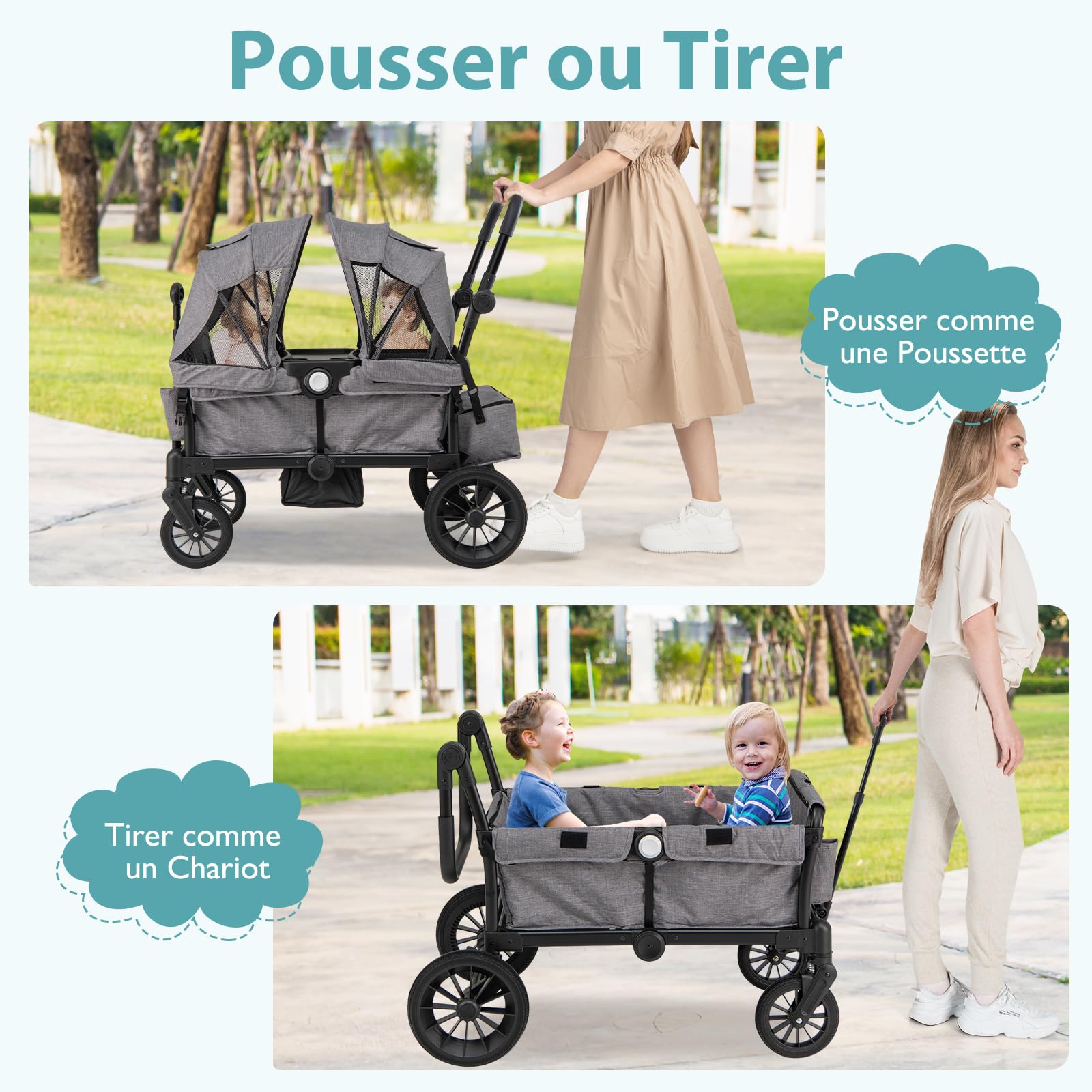 COSTWAY Poussette Tandem Double Pliable avec Auvent Amovible & Poignée Réglable, Chariot Enfant Transport avec Sac & Plateau-repas & Roue à Freins, Charge 25 kg Chacun pour 2 Bébés de 6 Mois+ (Gris)