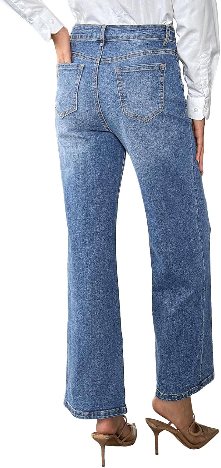 EVALESS Jeans for Women Trendy 2025 Overlap Waist Straight Wide Leg Stretchy Denim Pants - Image 4