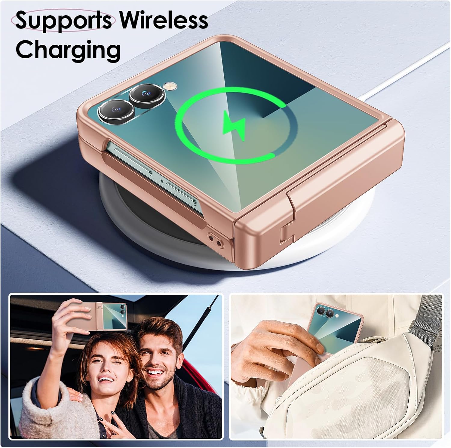Maxdara for Galaxy Z Flip 7 Case, with [Hinge Protection][Hidden Kickstand][Built-in Screen Protector][Support Wireless Charging] Protective Phone Case for Samsung Galaxy Z Flip 7, Rose Gold