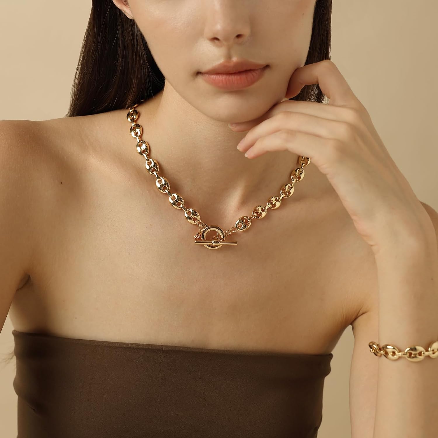 COBI Chunky Chain Necklace for Women, 18K Gold /925 Silver Plated Link Chain Necklace 18'', Pig Nose| Coffee bean| Toggle Clasp
