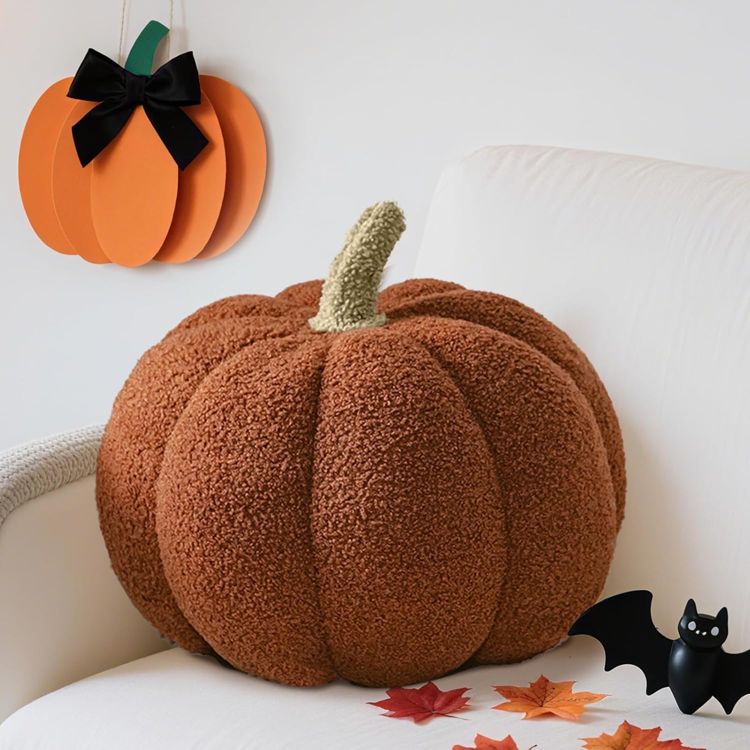 Pumpkin Pillows, Halloween Pumpkin Shaped Throw Pillow, 3D Plush Fall Cushion, Soft Sherpa Fleece Decorative Pillow for Sofa, Bedroom, Living Room, Thanksgiving Gift (Brown, 11 Inch)