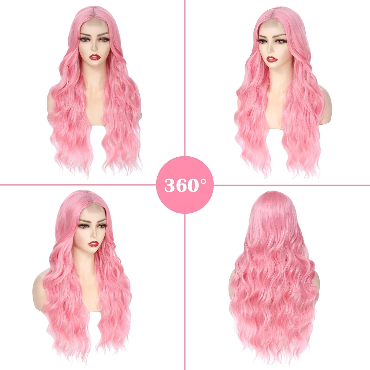Long Pink Wavy Wig Middle Part for Women 26 Inch Light Pink Curly Wavy Wigs Natural Looking Synthetic Heat Resistant Fiber Wig for Daily Party Use