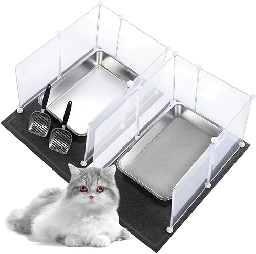 Paquete de 2 cajas de arena extra grandes de acero inoxidable para gatos, 2 cucharas de arena para gatos, 2 alfombrillas de arena para gatos, 12