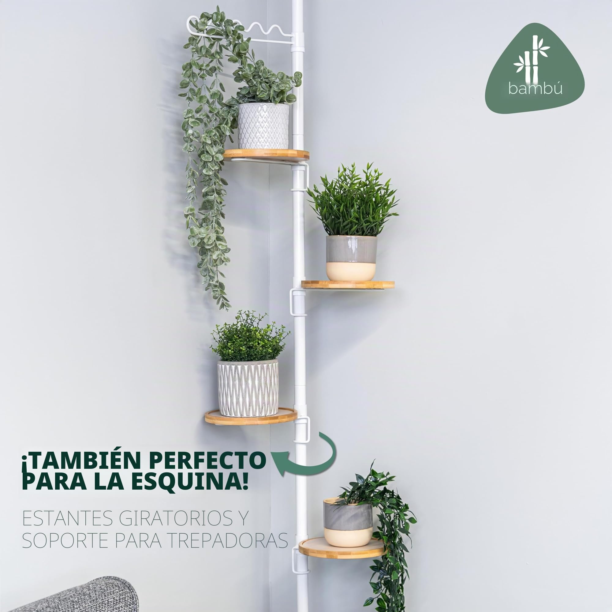 bremermann Estantería telescópica para flores 4 estantes y soporte para trepar, versátil para usar en el salón, el baño o la cocina - altura variable de 140 a 290 cm, color blanco