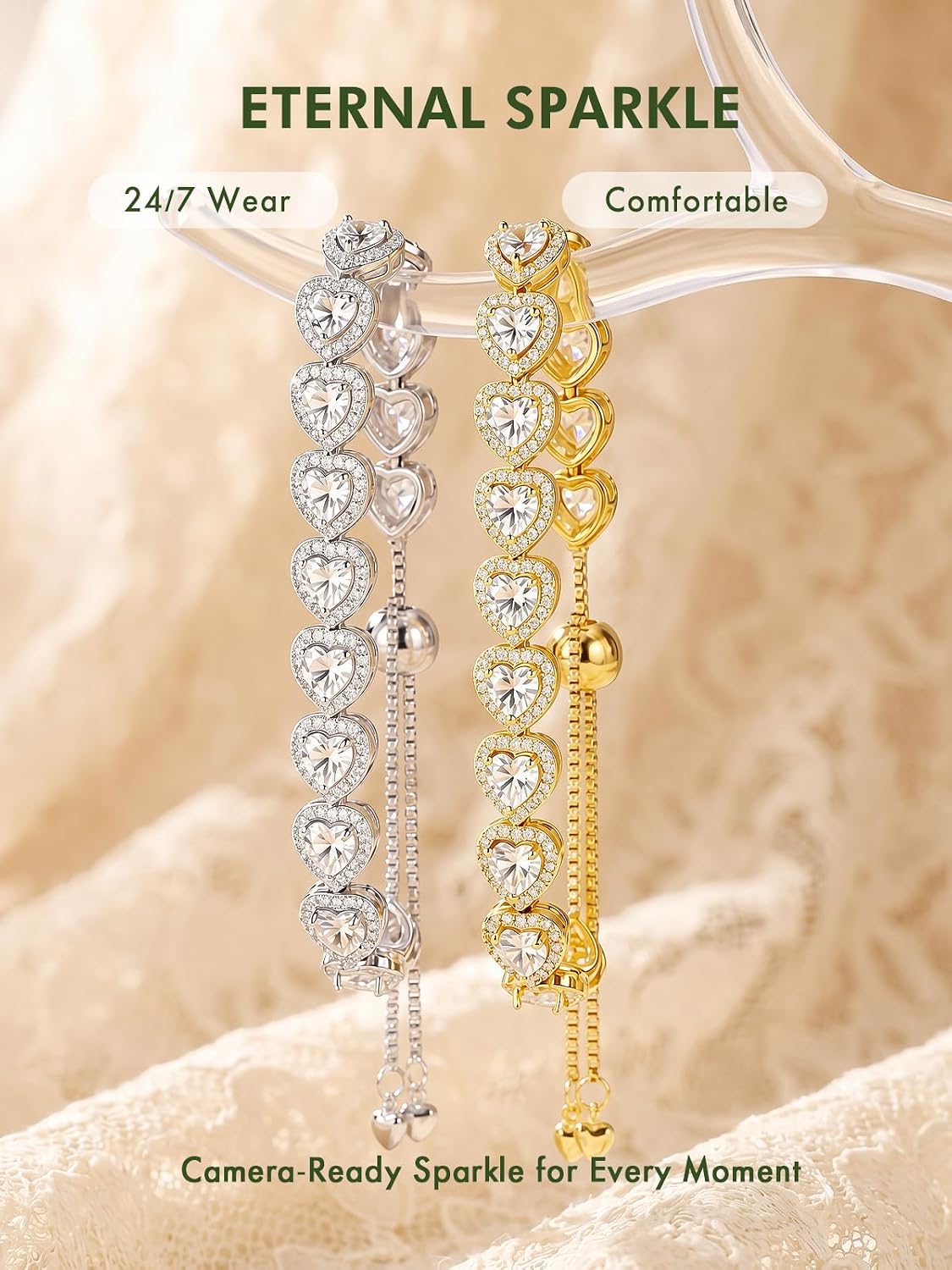 Heart 5.4ct Moissanite Tennis Bracelet for Women, 5.5in S925 Sterling Silver Bracelets with Adjustable 3in Chain & Slider Clasp, 14K Gold/White Gold Plated Gift with GRA Certificate & Box