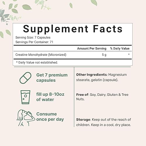 Miniatura 2 de Monohidrato de creatina de 5,000 mg, 500 cápsulas | Píldoras de creatina pura – Fuente de polvo micronizado + sin sabor, fácil absorción | Apoyo