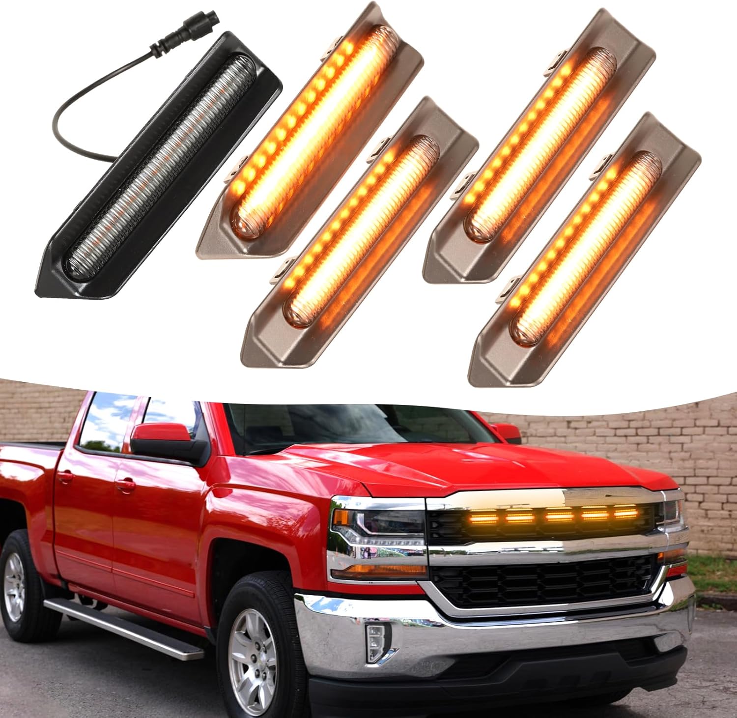 Amber Led Grill Grille Lights bar Fit for 2016 2017 2018 Chevy Silverado 1500 Custom WT LT LS Accessories(Amber-5Leds)