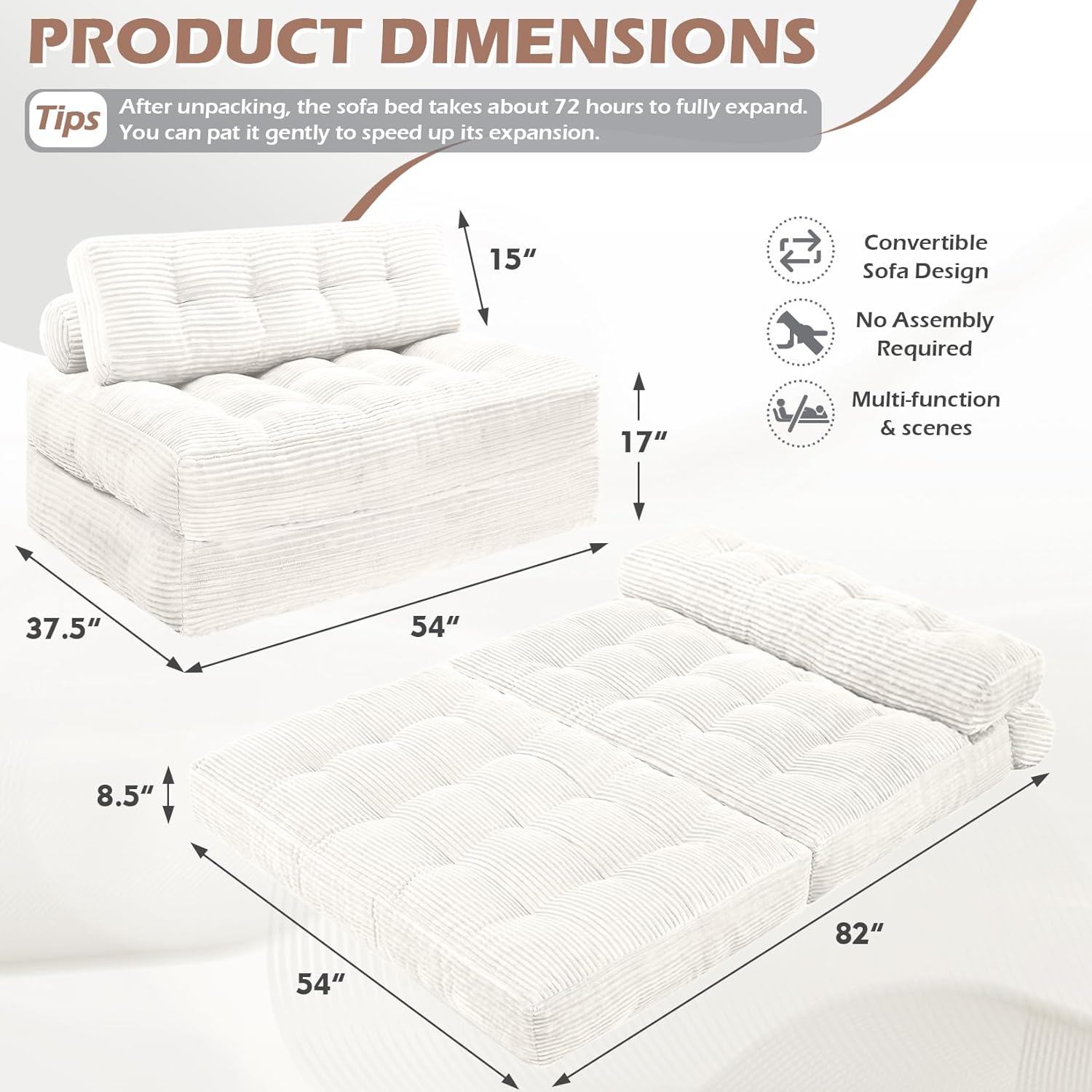 Folding Sofa Bed, Convertible Sleeper Chair with Pillow & Handle, Foldable Mattress Futon Chair Bed Lounge with Back Support, Comfy Floor Sofa for Living Room Bedroom, Beige, Full